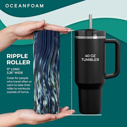 Oceanfoam Ripple Travel Foam Roller (11" x 3.35") Firm Mini Foam Roller for Physical Therapy, Deep Tissue Massage, Back Pain - High Density, Wave Textured - Yoga (Dark Navy, Hunter & Seafoam Marbled) - Image 2