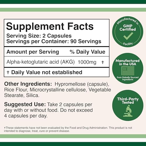 AKG Alpha-Ketoglutaric Acid 1,000mg, Healthy Aging Support, 180 Capsules - Image 2