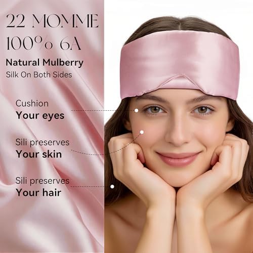 Silk Sleep Mask 22 Momme 100% Mulberry Silk & 3.5cm Silk Hairband Set for Side Sleeper Women Men,Light Blocking Nose Pad, Adjustable Silent Strap,Eye Mask fo Home & Travel Use (Pink) - Image 6