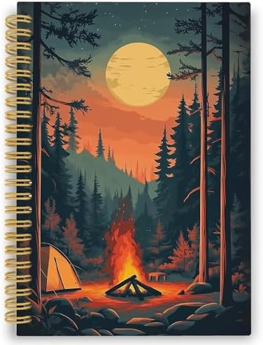 Retro Campfire Spiral Notebook, Camper Gifts Journaling Notebooks for Women Men, Forest Camping Hardcover Journals for Office 160 Pages 5.5 x 8.3 Inch, Gifts for Camping Lovers by XPH