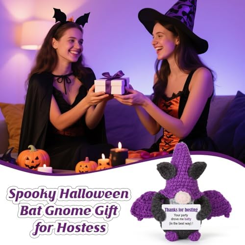 Hostess Gifts for Women, Handmade Crochet Purple Bat-Shaped Gnome Holding Appreciation Note, Halloween Party Hostess Gifts Idea, Cool Host Presents for Couples Men - Image 5
