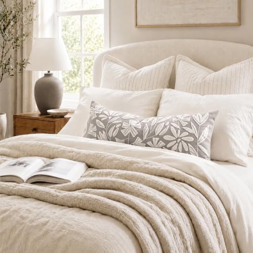 BlissBlush Long Lumbar Pillow Cover 14x36 for Bed, Light Gray Floral Tufted Velvet Accent Oversize Throw Pillowcase for Bedroom, Cover Only - Image 3