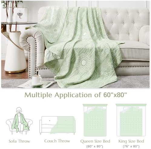 jinchan Boho 100% Cotton Blanket Muslin Lightweight Twin Size Throw Blanket Reversible for Couch Soft Cozy All Season 3-Layer Throw Coverlet Blanket for Bedroom Living Room Decor Green 60x80 Inches - Image 6