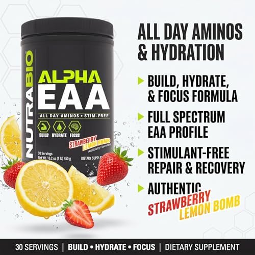 NutraBio Alpha EAA - All-Day Amino Acids for Muscle Growth and Hydration - Essential Amino Acids with Nootropics & Adaptogens- Full Spectrum EAA BCAA Powder - 30 Servings - Strawberry Lemon - Image 3