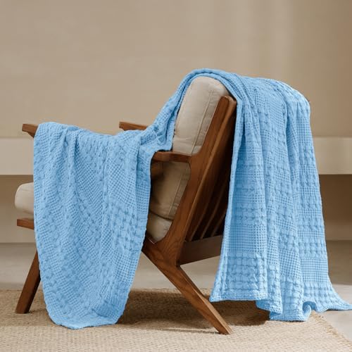 PHF Lightweight 100% Cotton Waffle Throw Blanket for Couch, Airy Blue by PHF