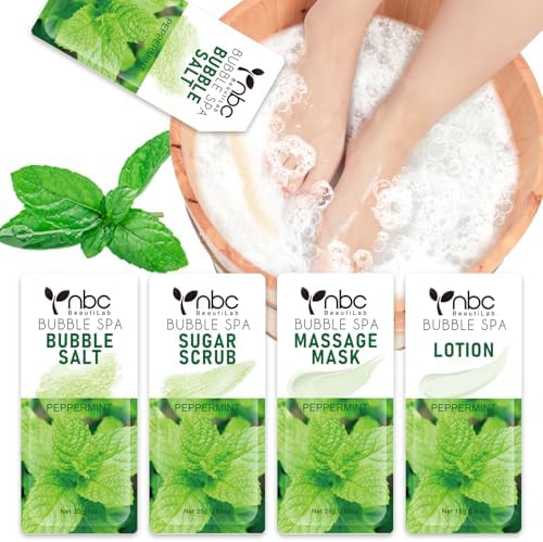 Pedicure Kit Foot Soak Set: Bubble Salt, Sugar Scrub, Massage Mask, Massage Lotion in a Box, 4 Step Foot Spa Kit for Dry Feet, Calluses and Tired Feet(1 Set Peppermint) by nbcBeautiLab