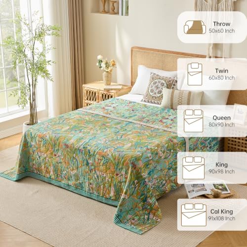 VANJOROY Boho Throw Blanket, 100% Organic Cotton Breathable Skin-Friendly Ultra Soft 60" x 80" Bed Quilt Green Leaf Throw - Floral Rustic Luxury Reversible Blanket for Sofa Couch Chair and Gift, - Image 5