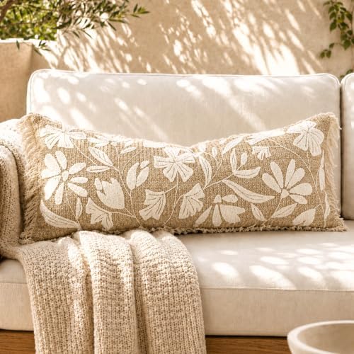BlissBlush Long Lumbar Pillow Cover 14x36 Indoor Outdoor, Jute Inspired Floral Tufted Accent Oversize Throw Pillowcase for Patio Bed Bedroom, Cover Only by BlissBlush