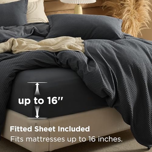 Bedsure PureWoven Cotton Waffle Duvet Cover Set with Fitted Sheet, Queen - Image 2