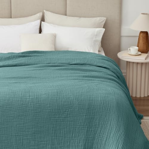 100% Cotton Muslin Blanket King 108" x 90", 6 Layers Breathable and Lightweight Cotton Throw Blanket for Bed, Soft Quilt Bedspread Coverlet, Gauze Blanket for Adults All Season, Teal - Image 3