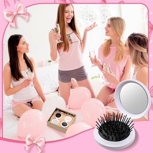 12 Pcs White Coquette Bow Mini Hair Brushes Folding Mirror Coquette Detangler Brush Bulk Round Compact Massage Scalp Comb for Purse Women Travel Team Gifts Trendy Stuff Party Favors - Image 4