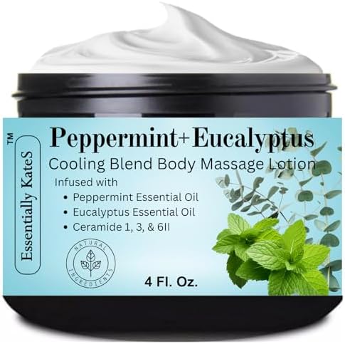 Essentially KateS Peppermint + Eucalyptus Cooling Blend Cream Lotion 4 Fl Oz - enriched with Ceramide 1, 3, and 6II - Soothing After Physical Activity - Providing comfort for overworked muscles. by EssentiallyKateS