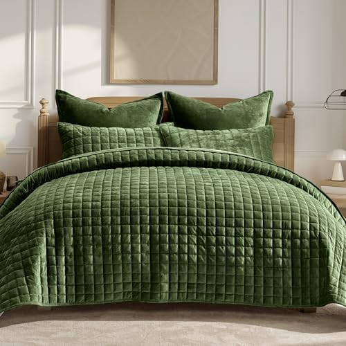 RECYCO Channel Box Stitch Velvet Quilt Set, Full Queen Size, Loden Green by RECYCOHOMECOLLECTION