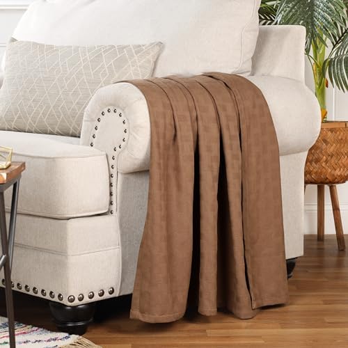 Superior Basketweave Cotton Blanket, Basket Weave Design, Soft, Comfy Cover for Bed, Bedding, Bedroom, Couch Throw, Lounging, Modern Boho Medium Weighted Blankets, Throw Size, Taupe - Image 6