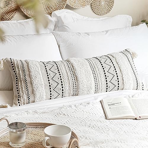 BlissBlush 14x36 Lumbar Pillow Cover for Bed, Rectangular Long Decorative Throw Pillowcase, Boho Accent Cushion with Black Tufted Pattern and Tassels, Cream Neutral (Cover Only) by BlissBlush
