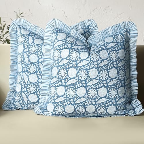 CPC Blue Meadow Hand Block Print 100% Cotton Ruffle Throw Pillow Cover 24x24 inch with Hidden Zipper Decorative for Couch, Bed, Sofa, Farmhouse, Cottagecore Decor Gift Christmas Fall Thanksgiving by COTTONPRINTCLUB