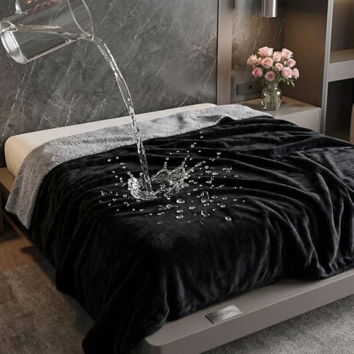 Tisancy King Size Waterproof Blanket for Bed Couch, 82'' x 82'' Double Side Leakproof Reversible Sherpa Flannel Fleece 3-Layer Lightweight Blanket, Absorbs 80oz(Black/Gray), Machine Washable by Tisancy