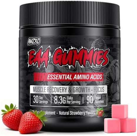 EAA Gummies - 2:1:1 BCAA Formula (8300mg) - Essential Amino Acids for Muscle Recovery & Endurance - Non-GMO, Gluten Free, Sugar Free, Vegetarian, Strawberry Flavor - 90 Count by AmzxoCreatine
