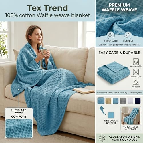 Tex Trend 100% Cotton Waffle Weave Blanket Twin Size - Soft, Breathable Cooling Blanket for Bed, Lightweight Cozy Summer & Spring Bedding, Blue, 60x90 - Image 2