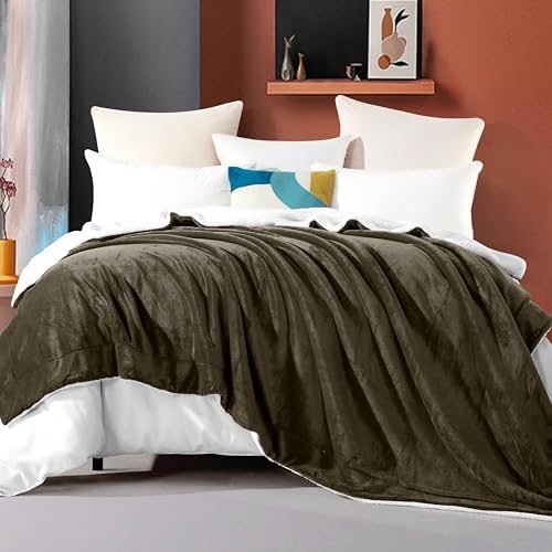 Elegant Comfort Ultra Soft Reversible Flannel Sherpa Blanket - Cozy Silky Fleece Throw for Couch, Bed - Plush Fuzzy Warm Winter Blanket for Gift, Queen, Brown - Image 2