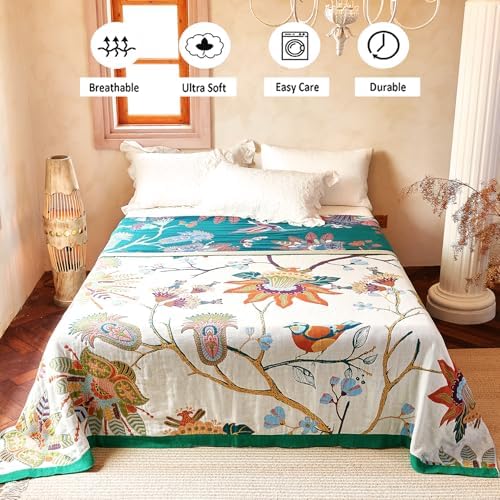 VANJOROY Boho Throw Blanket, 100% Organic Cotton Breathable Skin-Friendly Ultra Soft Bed Quilt Throw - All Season Floral Bird Farmhouse Décor Luxury Blanket for Sofa Couch Chair and Gift. 80" x 90" - Image 3