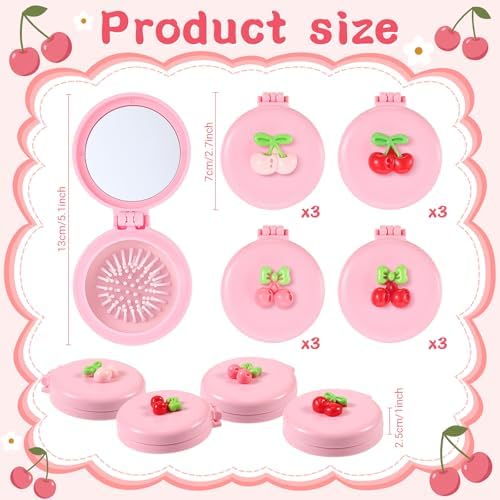 12 Pcs Pink Coquette Cherry Mini Hair Brushes Folding Mirror Coquette Detangler Brush Bulk Round Compact Massage Scalp Comb for Purse Women Travel Team Gifts Trendy Stuff Party Favors - Image 2