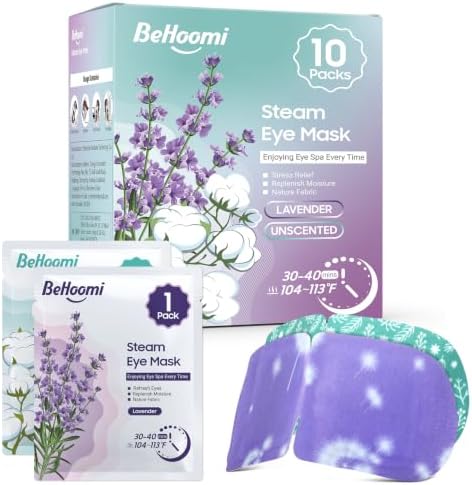 BeHoomi Steam Eye Mask, 10 Packs Heated Eye Mask, Self Heating Disposable Warm Compress for Eyes Sleep Mask, Travel Essentials & Relaxation Gifts (Unscented+Lavender) by BeHoomi