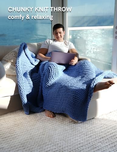 YnM Chunky Throw Blanket, Medium-Weight, Hand Knitted, Skin Friendly, Ventilated and Breathable, Machine Washable, Home Décor Piece for Couch, Sofa and Bed (Cerulean Blue, 50x70 Inch) - Image 3