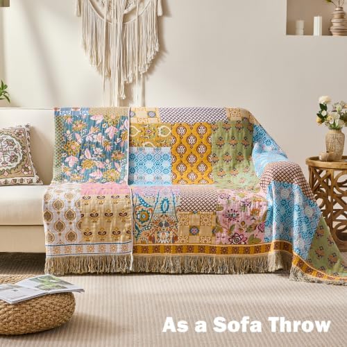 VANJOROY Boho Throw Blanket, 100% Organic Cotton Breathable Skin-Friendly Ultra Soft 60" x 80" Bed Quilt Patchwork Throw - Floral Rustic Luxury Reversible Blanket for Sofa Couch Chair and Gift, - Image 2