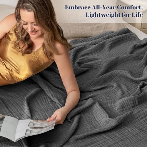 PHF 100% Cotton Muslin Throw Blanket 50" x 60", 4-Layer Lightweight Gauze Throw, Breathable Cloud-Soft Minimalist Blanket for Bed, Couch, Camping & Baby, Greyish Black, Ideal Gift - Image 2