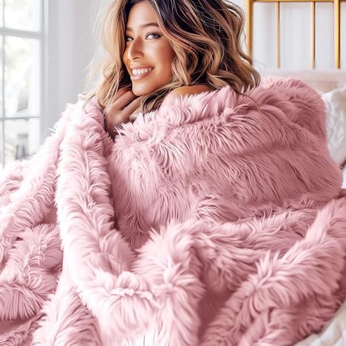 Bedsure Faux Fur Fluffy Fleece Sherpa Blanket Couch Throw Pink 50"x60" - Image 2