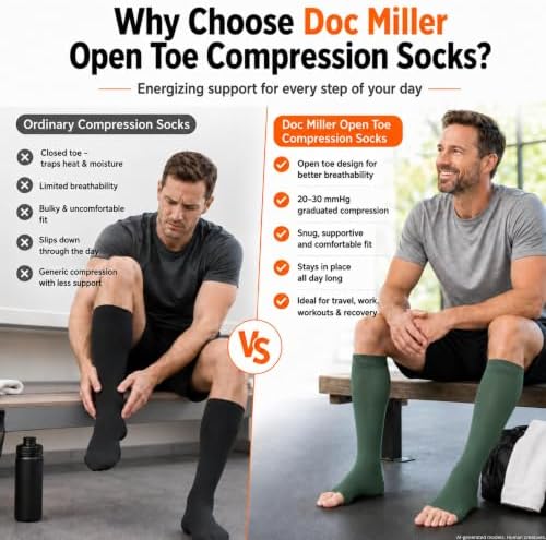 Doc Miller Open Toe Compression Socks, 20-30 mmHg, Knee High, Men & Women - Image 7