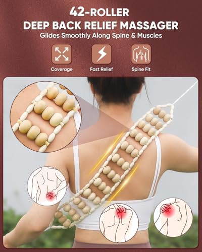 ONUEMP 2PCS Wooden Massage Fascia Stick & Back Massager Roller Rope - Image 4