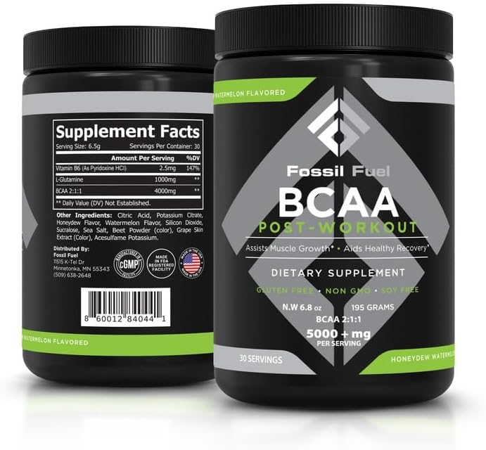 Fossil Fuel Sugar-Free BCAA Powder – Post-Workout Muscle Recovery with BCAAs, Glutamine, Vitamin B6, Amino Acids, Endurance & Hydration, Honeydew Watermelon (30 Servings) by FossilFuel