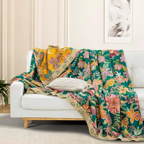 100% Muslin Cotton Throw Blanket for Bed Couch Chair, Bohemian Floral Colorful Retro Quilt Ultra Soft Reversible Gauze Blanket for All Season, 90"x98" - Image 3