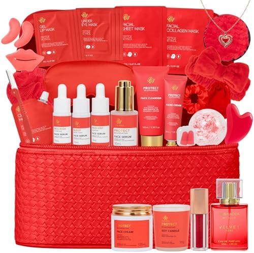 33 Pcs Mother's Day Gifts, Red Rose Bath & Body Gift Set for Women, Home Spa Kit, Hydrating Skin Care Set, Self Care Gift Basket, Cosmetic Bag, Necklace, Valentines, Birthday, Anniversary by RAROSAACCA
