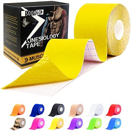 SOON GO Kinesiology Tape, 2IN x 16.4FT Uncut athletic tape, Waterproof Breathable Latex-Free, Muscle Recovery & Joint Support,Yellow (1/2/5 Rolls) by SOON+GO