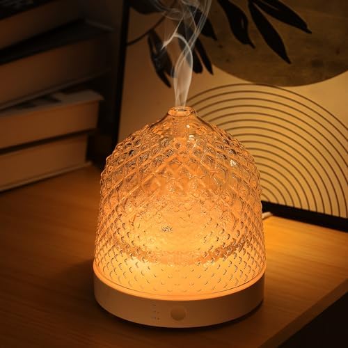 Lecdura Glass Essential Oil Diffuser, 200ml Ultrasonic Aroma Diffusers with Glass Reservoir Dome & White Plastic Base Lock Color Auto-Off Timer 7 Color Light for Home Office Bedroom Yoga by Lecdura