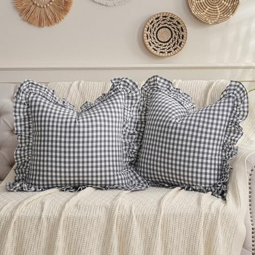 2 Pack Grey/White Plaid Ruffled Throw Pillow Sham 20 x20 inches by Qilunn