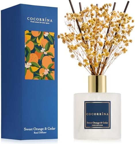 COCORRÍNA Reed Diffuser - Sweet Orange & Cedar 6.7 Fl.oz Reed Diffuser Set with Sticks & Preserved Baby's Breath, Reed Diffuser for Home Bathroom Shelf Decor by COCORR%C3%8DNA