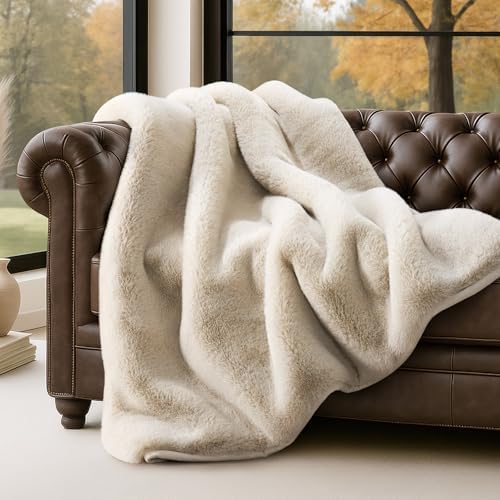 EVERGRACEHOME Faux Chinchilla Fur Throw Blanket, 50"x60", Birch Mink by EVERGRACE
