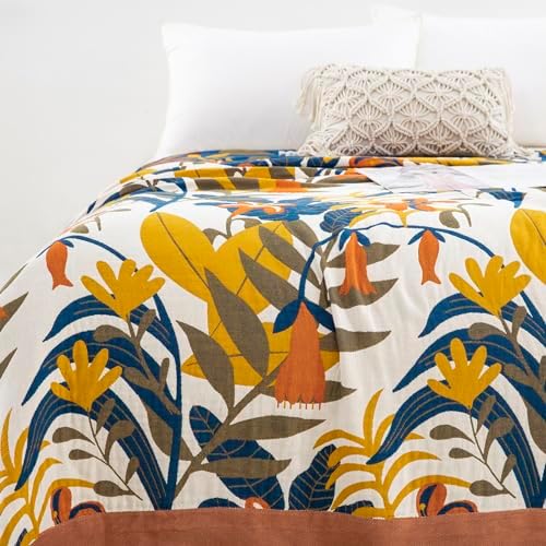 100% Muslin Cotton Throw Blanket for Bed Couch Chair,Botanical Floral Printed Bohemian Vintange Quilt Ultra Soft Reversible Gauze Blanket for All Season, 90"x98" - Image 2
