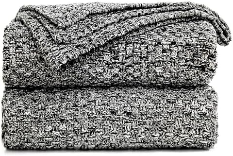 Longhui bedding 100% Cotton Knitted Throw Blanket – Black White, Soft & Cozy, Machine Washable, 60"x80" – Perfect for Living Room, Couch, Sofa, Bed or Travel by LongHuiBedding
