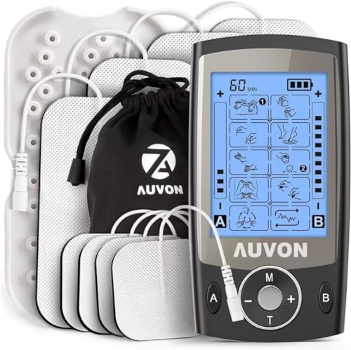 AUVON Dual Channel TENS Unit Muscle Stimulator Machine with 20 Modes, 2" and 2"x4" TENS Unit Electrode Pads by AUVON