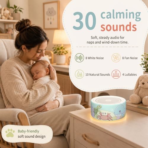 Kipcush White Noise Machine for Baby & Adults, Sleep Sound Machine with 30 Soothing Sounds, 8-Color Night Light, Memory Function, White Noise for Sleeping, Nursery, Office, Travel, Relaxation - Image 3