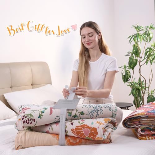 VANJOROY Boho Throw Blanket, 100% Organic Cotton Breathable Ultra Soft 91" x 98" Bed Quilt Throw - All Season Floral Rustic Farmhouse Decor Luxury Reversible Blanket for Sofa Couch Chair and Gift - Image 3