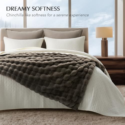 EverGrace Faux Rabbit Fur Bubble Throw Blanket, 50"x60", Dark Taupe - Image 6