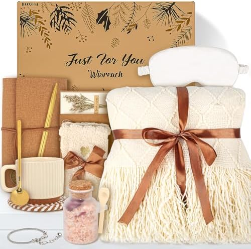 Wisreach Spa Gift Basket for Women, Self Care & Get Well Soon Care Package for Her, Relaxing Gifts with Blanket, Fuzzy Socks, Tea Cup Set & Bath Salts, Birthday Gift for Mom, Sister, Friend by Wisreach