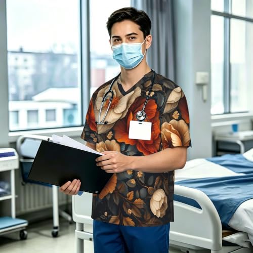 Men's Scrub Top,V-Neck Spill Wrinkle Resistant,3 Pockets-Floral Vintage (2) - Image 3