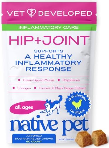 Native Pet Inflammatory Care - Pain Relief for Dogs - Green-Lipped Mussel, Turmeric & Collagen for Dogs - Hip and Joint Supplement Supports Healthy Inflammatory Response & Joint Comfort - 60 Chews by NativePet